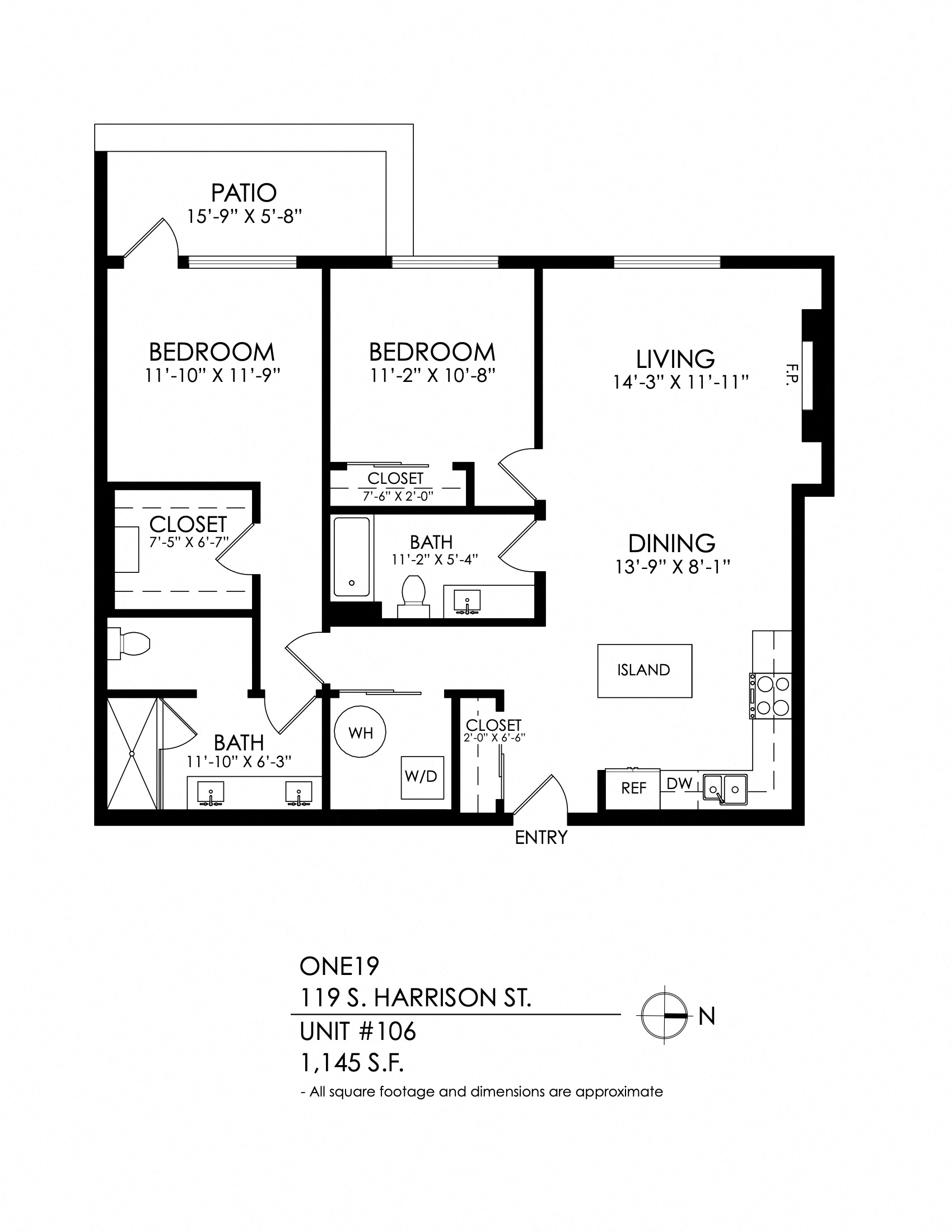 Floor plan for 2 beds, 2 baths